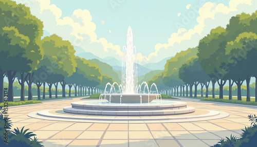 Fountain in Park Alley Illustration