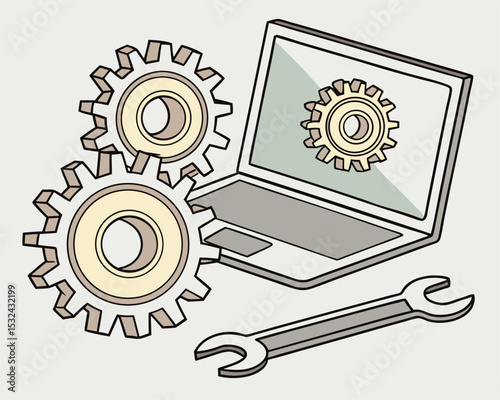 Laptop gears and wrench vector illustration representing software technology and repair.