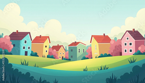 Cartoon Houses in a Neighborhood Landscape