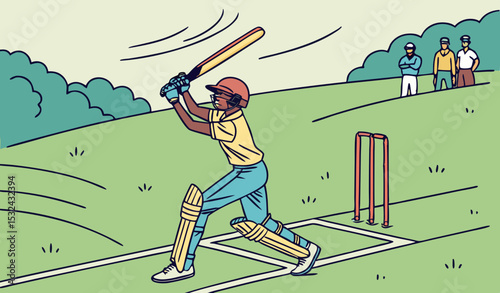 Young sportsman strikes the ball while batting in the cricket field     