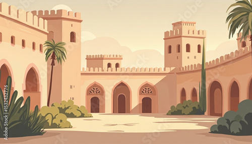 Moroccan Building Architecture with Palm Trees