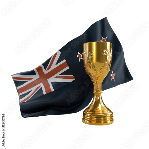New Zealand flag with a golden trophy cup, on a transparent background photo