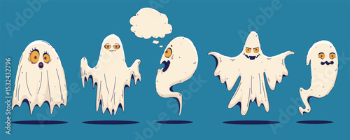 Halloween Set of Cute Ghosts in Hand Drawn Style isolated on Blue Background. Spooky cartoon character. Ghost icon. Playful night spirit with decorations. perfect for cards, patterns, print, web