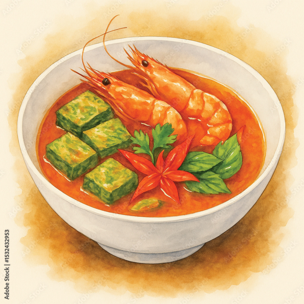 Thai Sour Curry with Cha-Om Omelette and Shrimp – Gaeng Som Watercolor PNG
