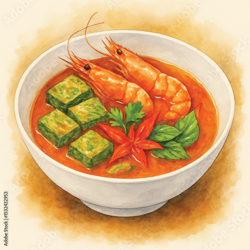 Thai Sour Curry with Cha-Om Omelette and Shrimp – Gaeng Som Watercolor PNG