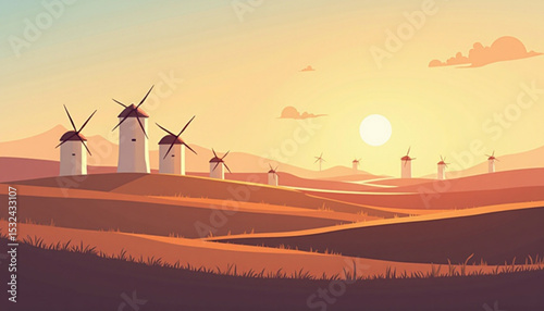 Windmill landscape at sunset vector illustration