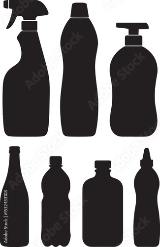 Cleaning Product Bottles Silhouettes Household Sprays Detergents and Dispensers Vector Icons