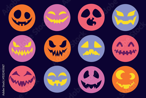 Halloween Angry Monster Face Collection. Spooky cartoon character. Scary face icon perfect for cards, patterns, print, web