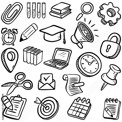 Hand Drawn Education and Office Doodle Icons Set