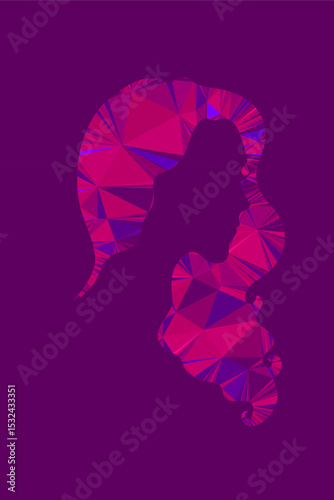 Silhouette of a girl in colorful tones. Girl with hair made with the help of triangulation. Low poly vector silhouette of a head
