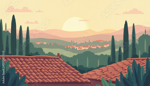 Tuscan Landscape with Cypress Trees and Red Tile Roofs