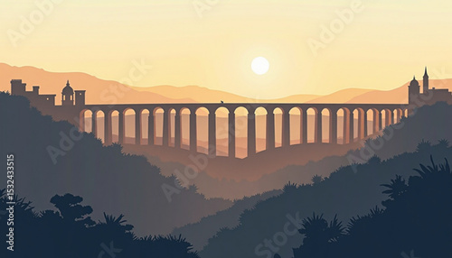 Aqueduct Over Valley At Sunset