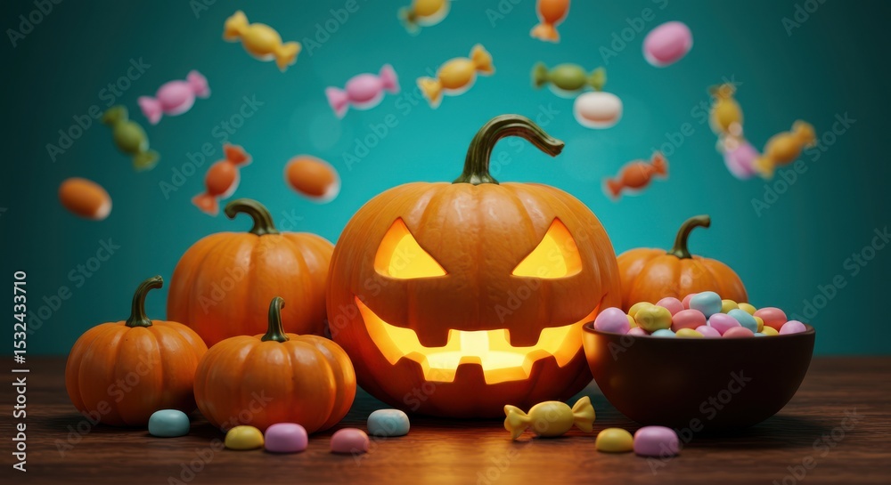 Fototapeta premium Halloween jack o lantern with candy corn and pumpkins