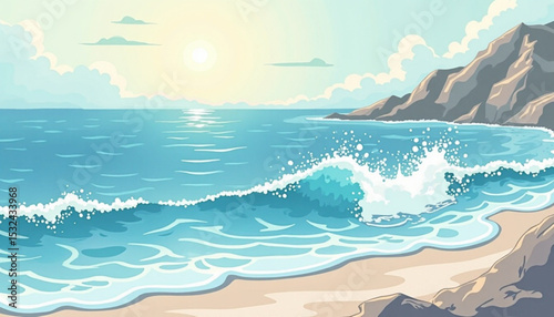 Ocean wave under sunlight with mountain background