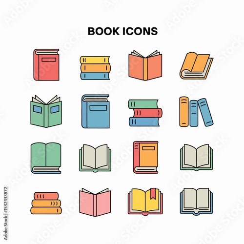 Colorful set of book icons illustrating different book types and reading elements for design