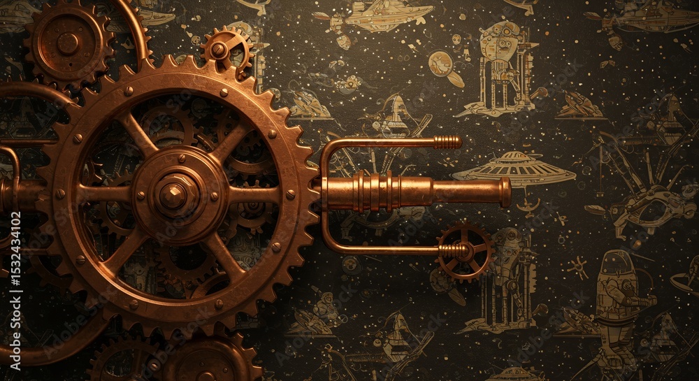 Fototapeta premium Steampunk Gears and Telescope on Space Wallpaper