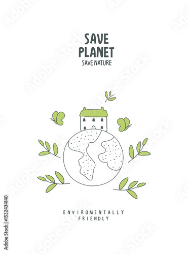 Vector cartoon sketch of earth and eco-friendly house . Illustration of Environmentally friendly planet. Alternative energy concept.	
