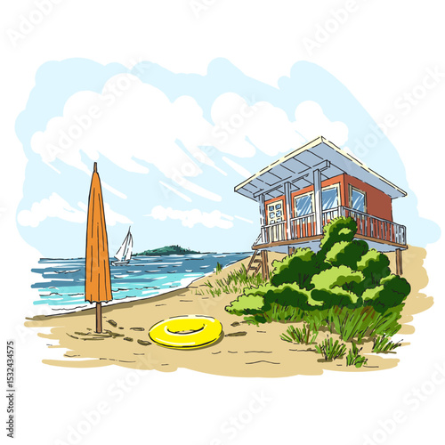 Summer resort house on the beach. Beach umbrella and yellow inflatable lifebuoy on the sand