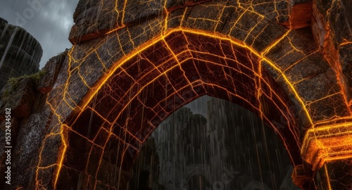 Fiery Volcanic Archway: Dramatic Lava Rock Formation, Intense Texture, Dark Fantasy Background