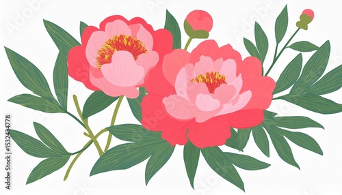 flower blossoms peony blooms floral plants with leaf bud garden branches with leaves delicate petals beautiful flora botanical decoration flat illustration isolated on white background