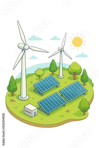 Sustainable Energy Illustration Featuring Wind Turbines and Solar Panels in a Green Landscape promoting renewable power solutions