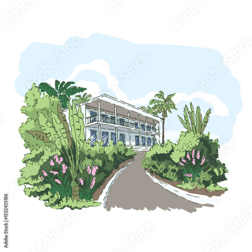 Summer tropical resort hotel in the lush greenery all around