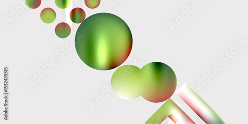Abstract spheres, gradients, lines create dynamic composition. Minimalist design, soft colors, modern aesthetic. Light reflections visible.