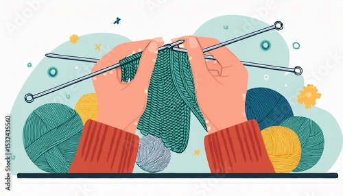crocheting knitting handmade craft hands with wool yarn balls diy needlecraft needlework creative hobby handwork handcraft business flat illustration isolated on white background