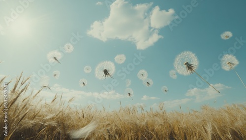 The image depicts a close-up of dandelions in spring, with the seeds being blown away by the wind, set against the vibrant colors of a summer lawn and a blue sky