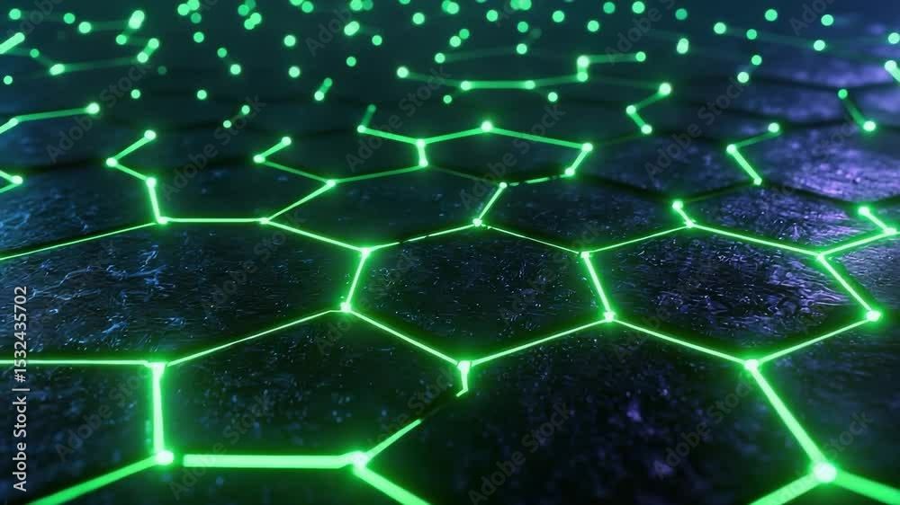 A glowing hexagonal grid with green neon lines and dots, creating a futuristic digital network effect.