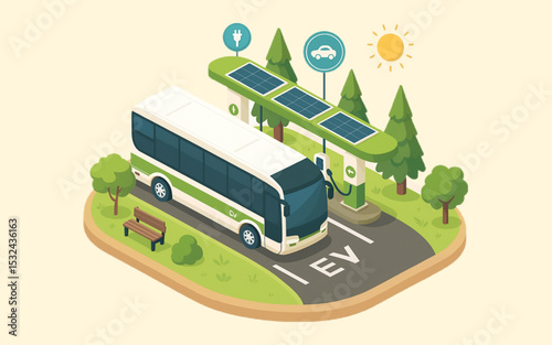 Electric Bus Charging at Solar Powered Station Green Energy Sustainable Transportation Eco Friendly Vehicle