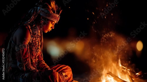 Indigenous woman in feathered attire sits near a fire in the dark. The flames reflect her calm strength — a western night full of spirit and memory.
