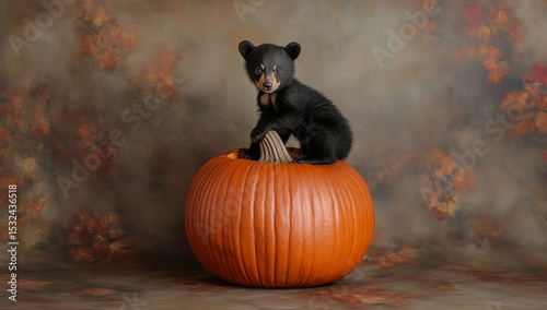 In an orange pumpkin, an adorable baby bear is resting, surrounded by pure innocence and coziness, a beautiful sight to behold
