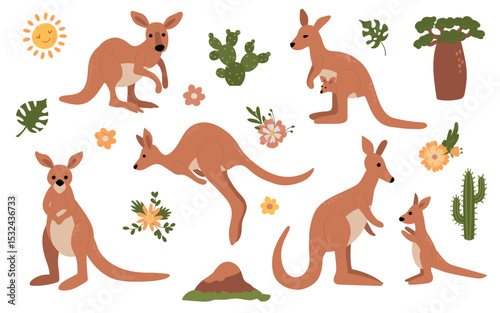 Hand Drawn Kangaroo Illustration with Floral Elements