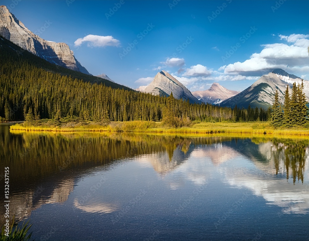 Obraz premium vermilion lakes banff national park alberta canada reflections on the surface of the water mountains and forest background wallpaper postcards