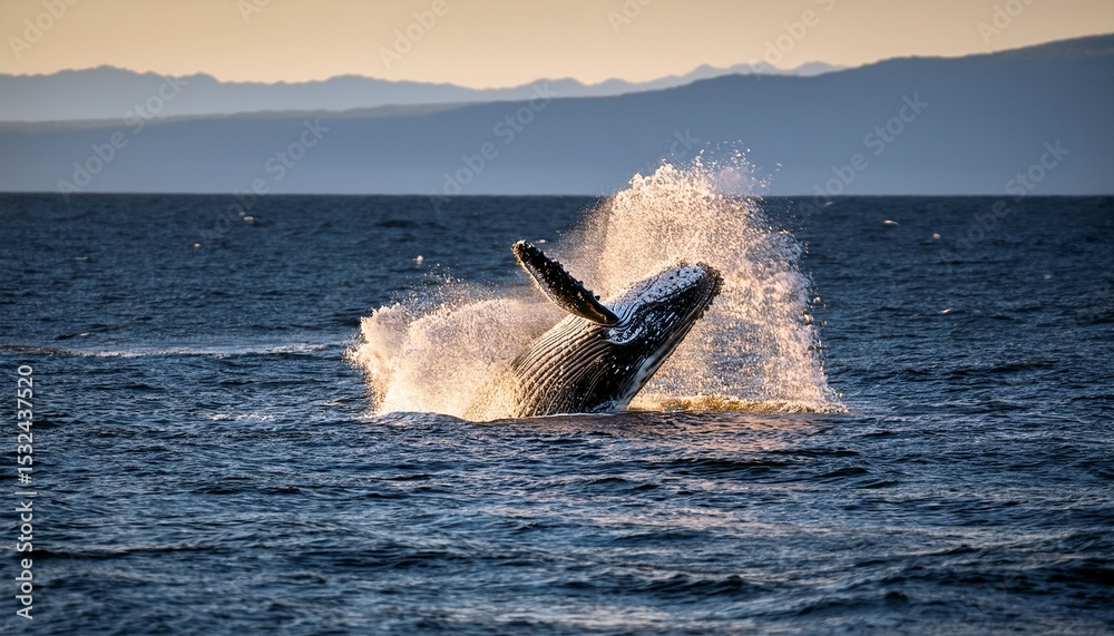 Fototapeta premium a humpback whale launches out of the water creating a splash
