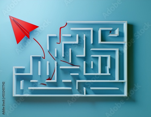 red paper plane flying straight past 3d maze symbolizing leadership solving complexity and innovative strategy with light blue gradient background 3d rendering