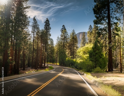 scenic drive along winding road in a forested area near yosemite national park
