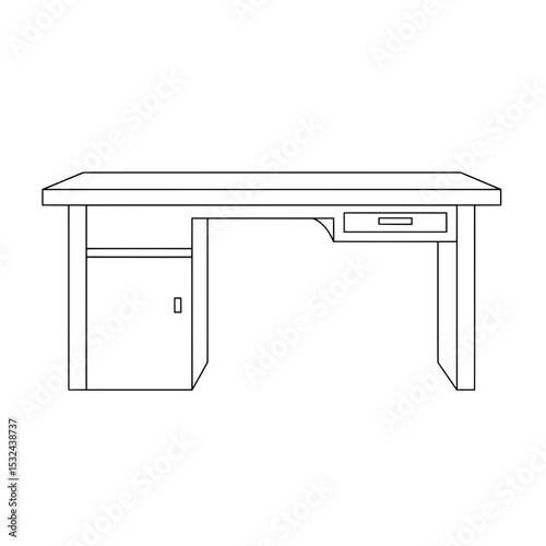 Line art depiction of a desk, cabinet and a drawer on a white background