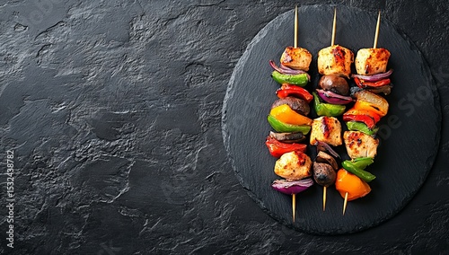 Served on a slate plate, the combination of grilled chicken skewers, mushrooms, and vegetables creates a delicious and flavorful meal presentation