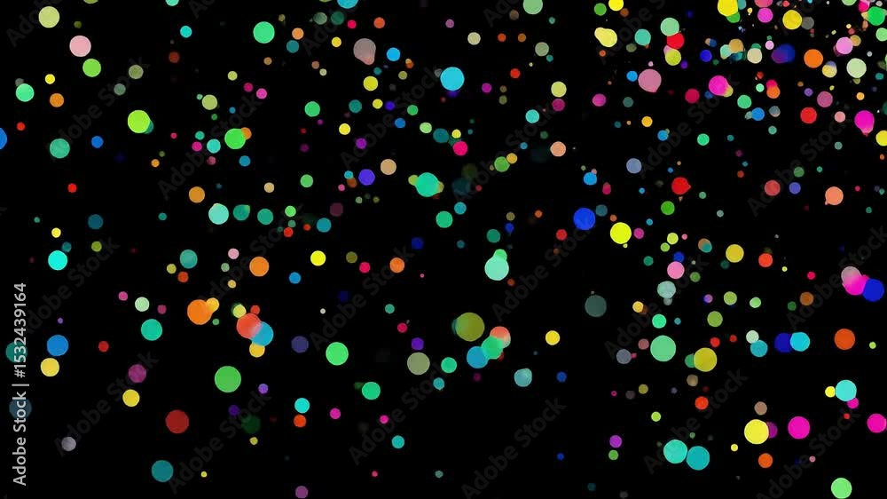 Round multi color particles on black overlay. Ideal for parties, events, birthdays, and festive video effects.