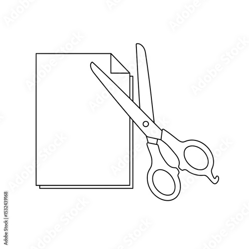 Scissors cut paper on white background. Line drawing illustration of cutting tool