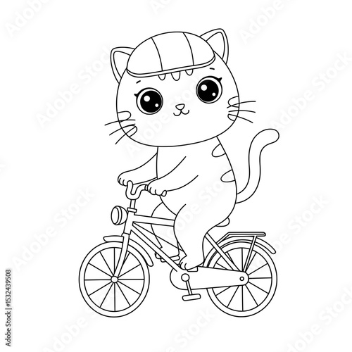 Kitten Cyclist A charming outline of a cat in a helmet, riding a bicycle with big eyes