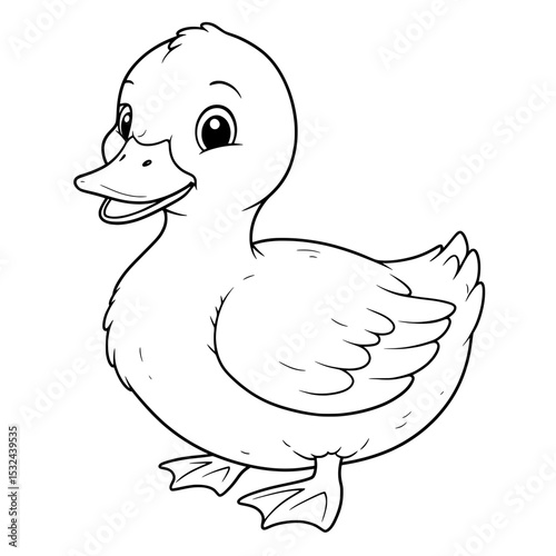 Smiling duckling cartoon illustration in black and white, ready to be colored in