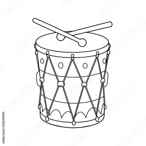 Simple drum drawing with criss-cross pattern on the side and drumsticks on top