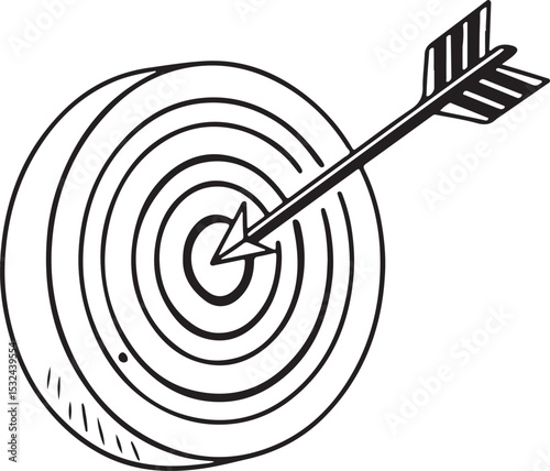 A black and white illustration of an arrow hitting the center of a target, symbolizing accuracy, precision, and achieving goals illustration vector art