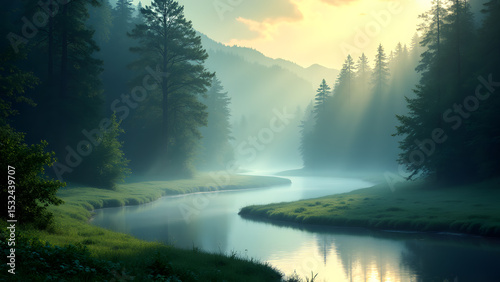 Serene Forest River: A tranquil river meanders gracefully through a misty forest, bathed in the soft, ethereal light of the morning sun, inviting a sense of calm and peace.