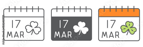 St. Patricks day calendar icon collection, St. Patricks day date and holiday, calendar with clover vector icon set, vector graphics, editable stroke outline sign, eps 10
