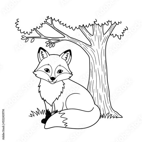 Line art showing a fox sitting beneath a tree, in black and white illustration