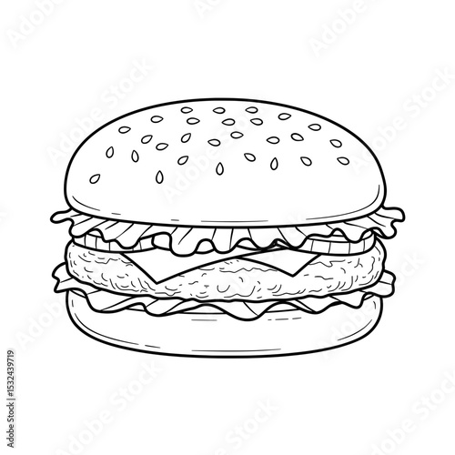 Black and white drawing of a large, multi-layered burger, complete with sesame seed bun